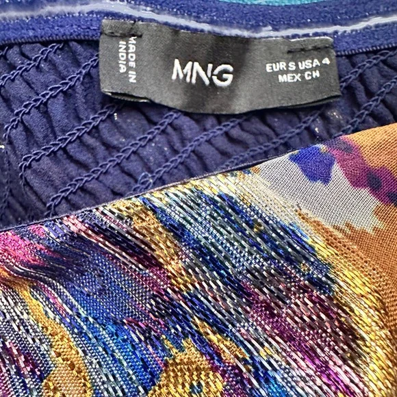 Mango One-Shoulder Fitted Blue, Purple and Gold Party Blouse - Picture 9 of 11